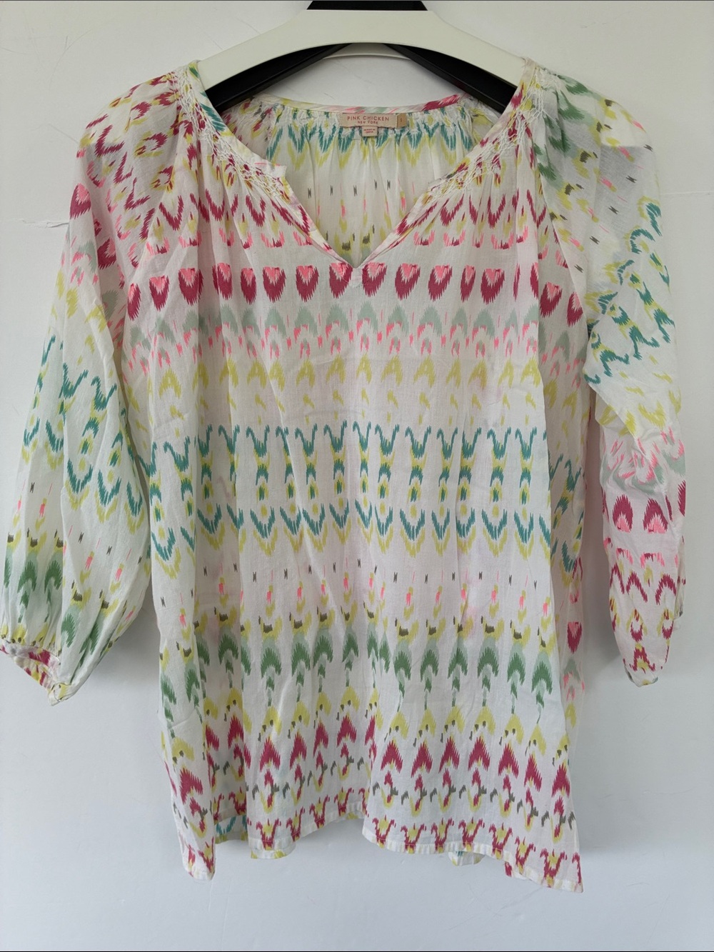 Pink Chicken Lightweight Multicolor Ikat V-Neck Sheer Top 100% Cotton